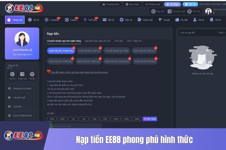 Nạp tiền EE88 phong phú hình thức